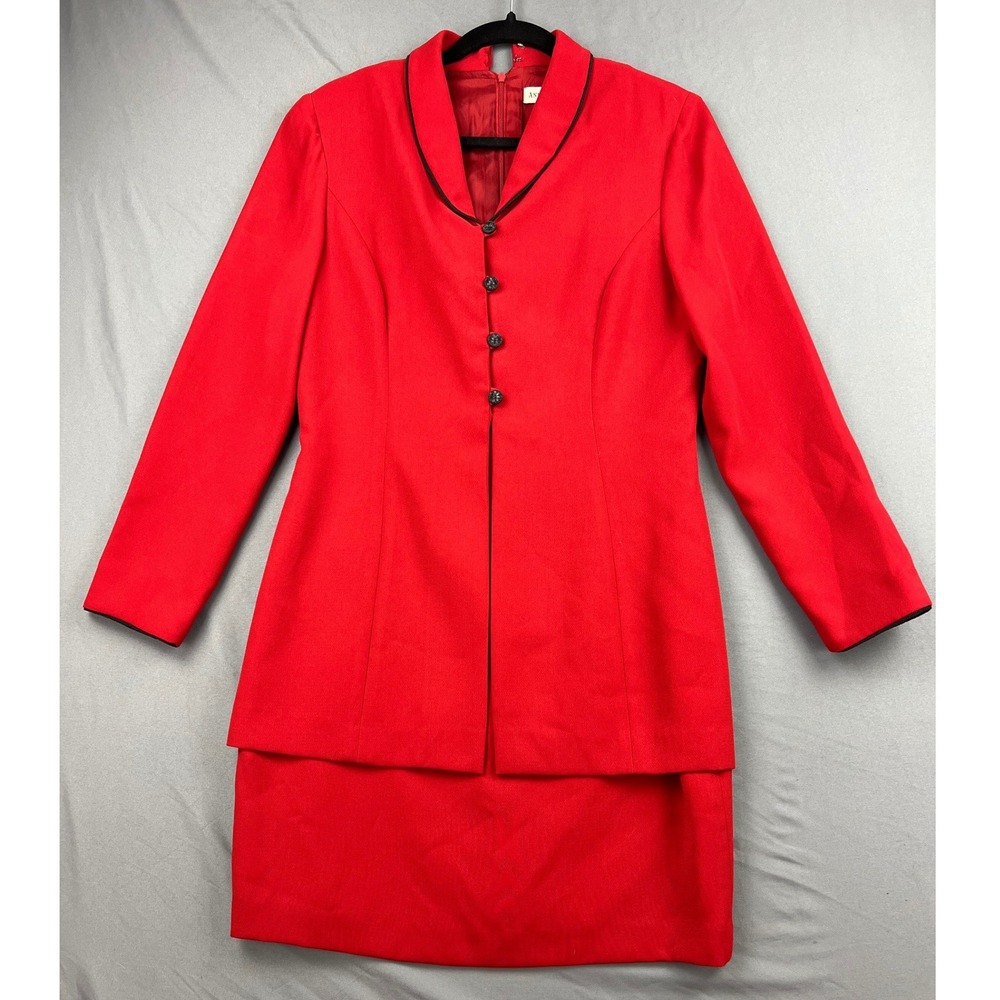 Ann Taylor Dress Suit Women 8 Red Black Trim Longline Blazer Pencil Skirt Good